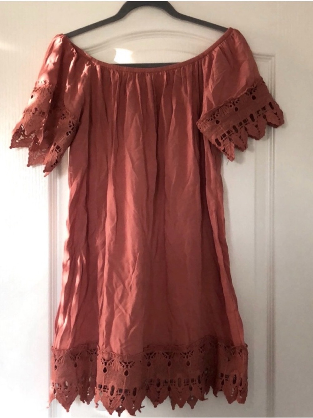 iris Coral Off-Shoulder Mini Dress with Lace Trim